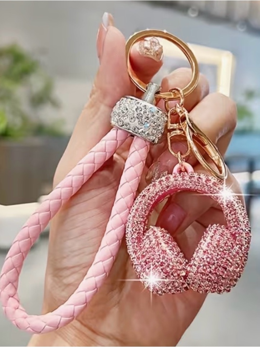 Sparkling Pink Headphone Keychain with Braided Wristlet